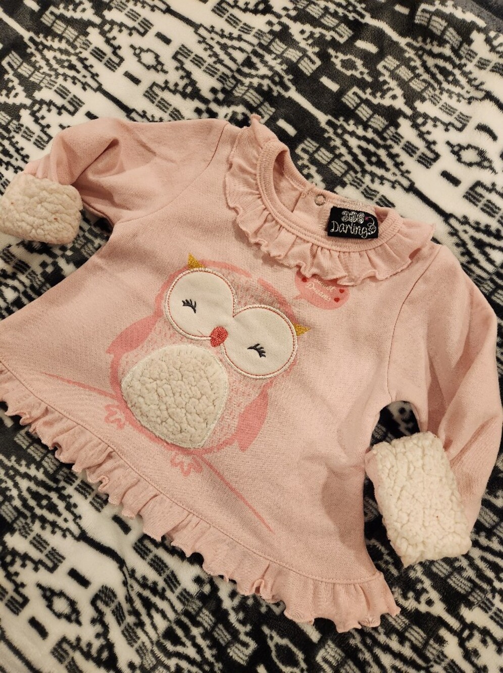 Free W/ BundleDarling Pink Owl Ruffle Long-Sleeve Top with Fleece Trim, Size 18M